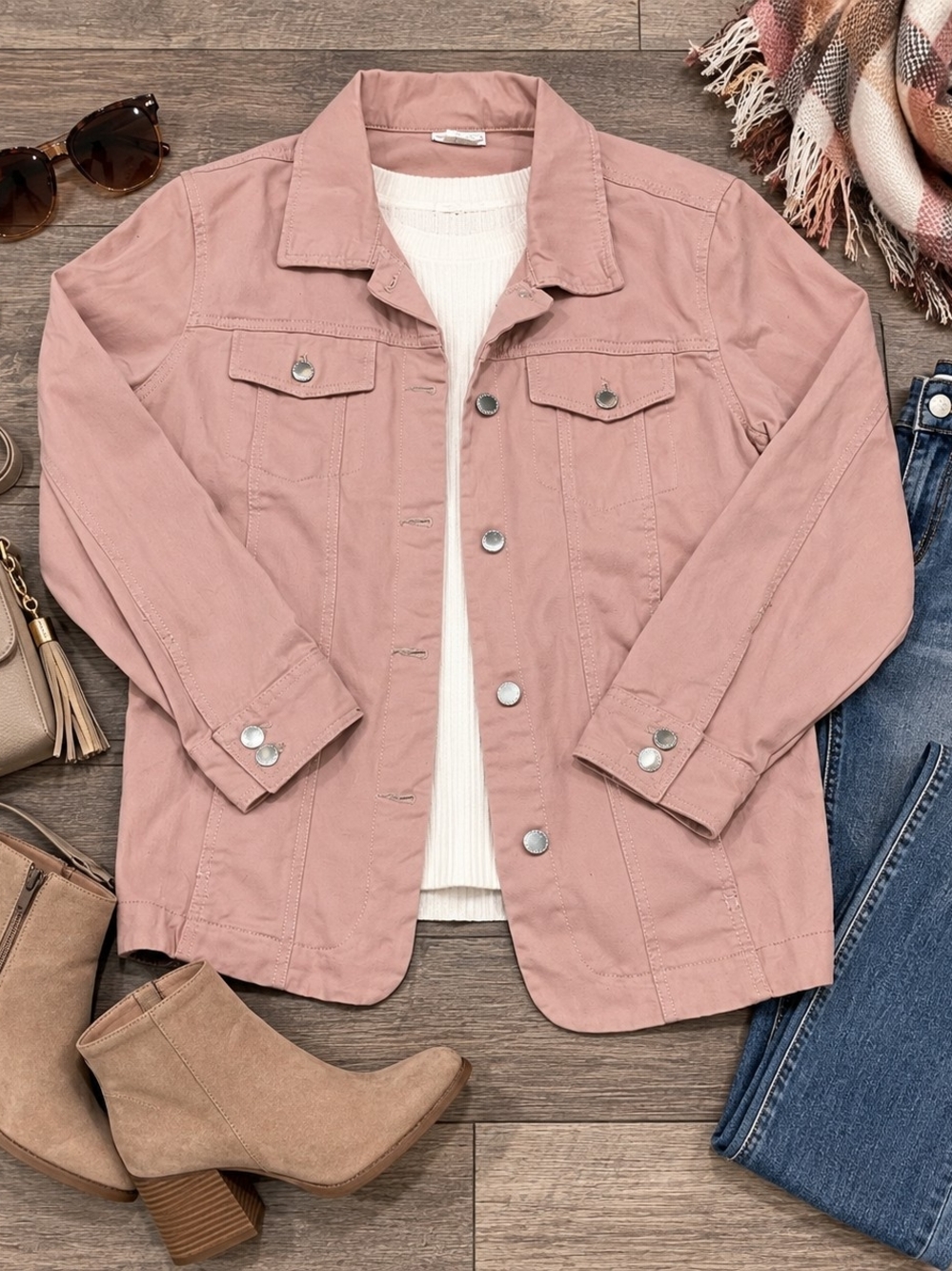 Women's Blush Pink Button-Front Jean Jacket